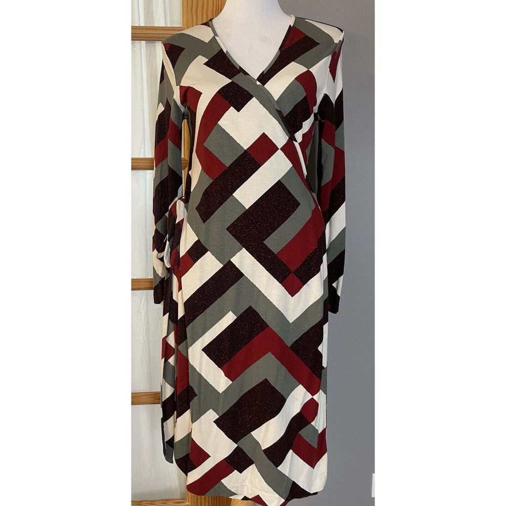 Kate Hill Women's Wrap Dress PL Abstract Gray Burgundy Long Sleeves Career Party